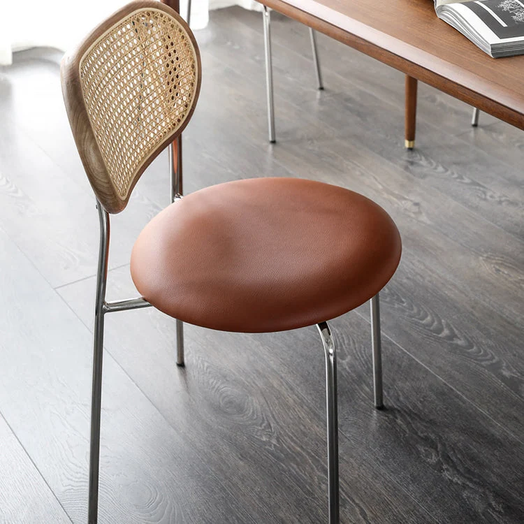 Contemporary Nordic Round PU Leather Faux Rattan Weaving Iron Chair Backrest For Living Room