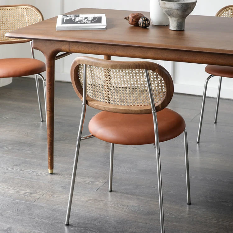 Contemporary Nordic Round PU Leather Faux Rattan Weaving Iron Chair Backrest For Living Room