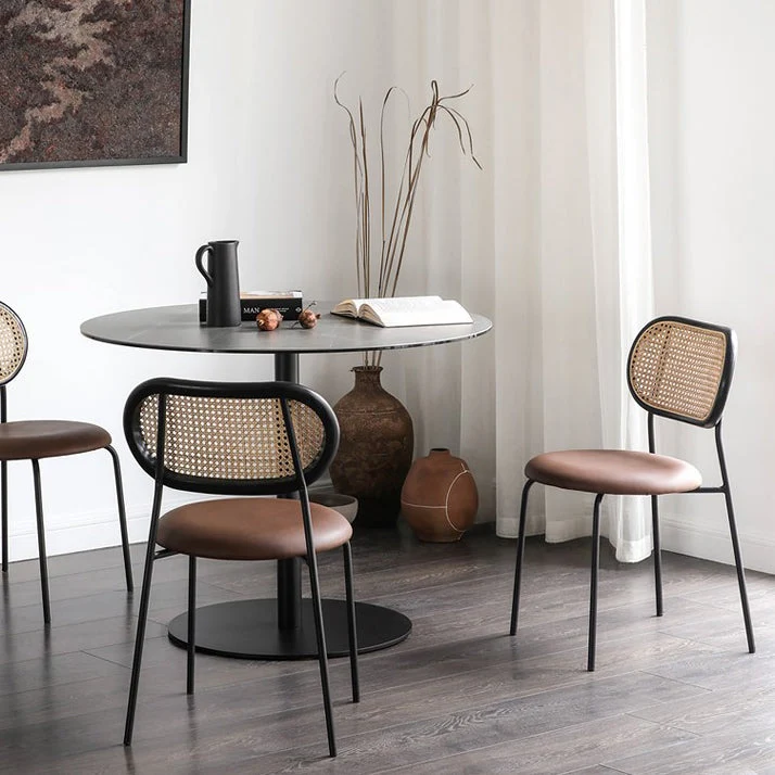 Contemporary Nordic Round PU Leather Faux Rattan Weaving Iron Chair Backrest For Living Room