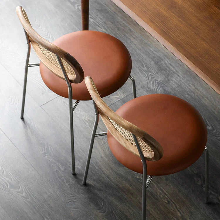 Contemporary Nordic Round PU Leather Faux Rattan Weaving Iron Chair Backrest For Living Room