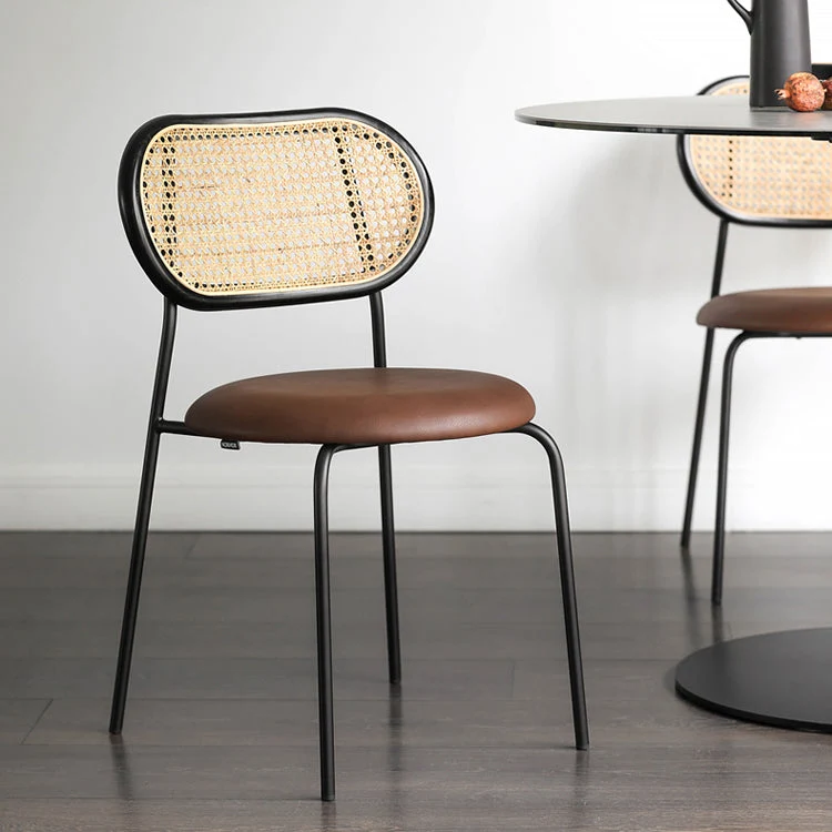 Contemporary Nordic Round PU Leather Faux Rattan Weaving Iron Chair Backrest For Living Room