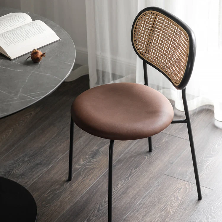 Contemporary Nordic Round PU Leather Faux Rattan Weaving Iron Chair Backrest For Living Room