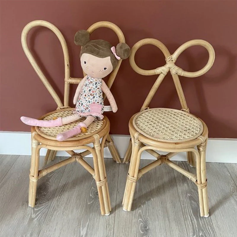 Traditional Japanese Round Rattan Weaving Footstool Kids Backrest Chair For Entryways