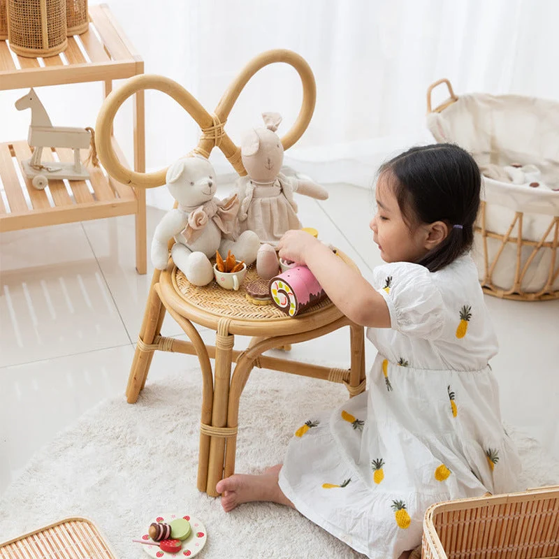 Traditional Japanese Round Rattan Weaving Footstool Kids Backrest Chair For Entryways