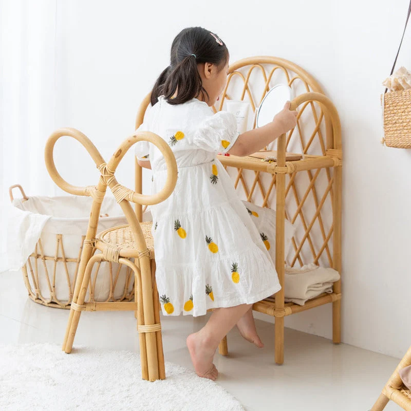 Traditional Japanese Round Rattan Weaving Footstool Kids Backrest Chair For Entryways