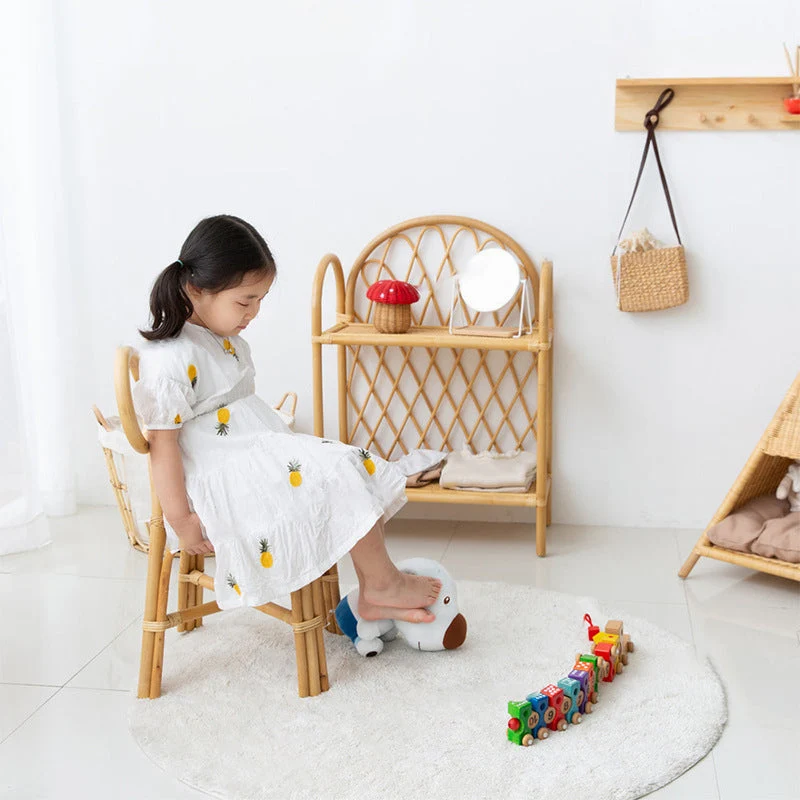 Traditional Japanese Round Rattan Weaving Footstool Kids Backrest Chair For Entryways