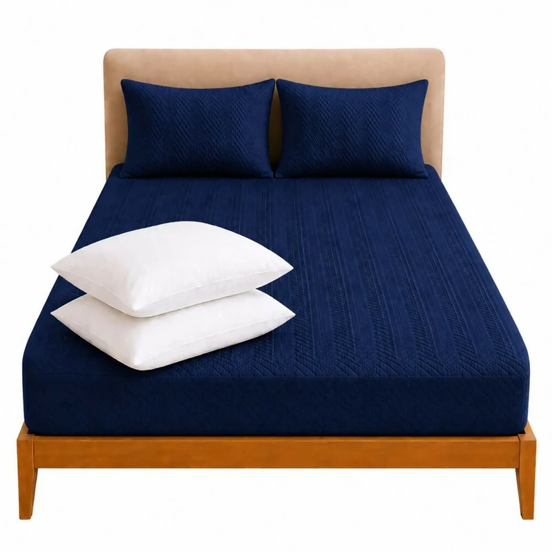 Combo Protector Colchon + 2 Almohadas Siliconadas King Azul