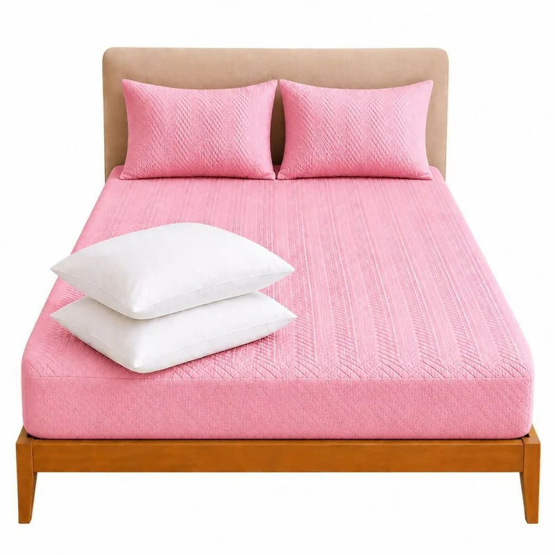 Combo Protector Colchon + 2 Almohadas Siliconadas King Rosado