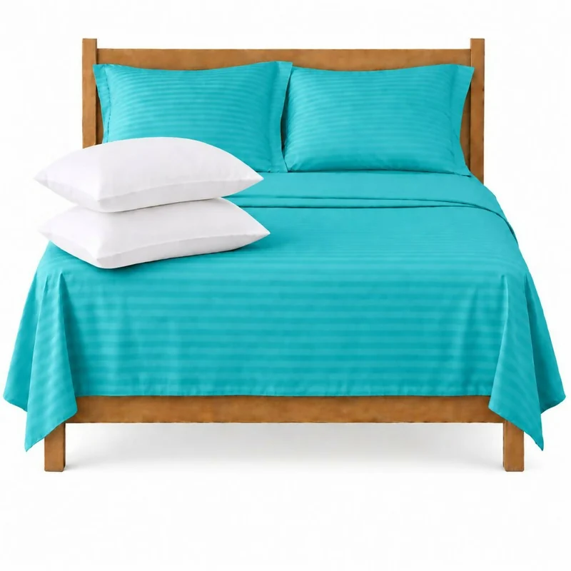 Combo Juego De Sábanas + 2 Almohadas Siliconadas Doble Turquesa