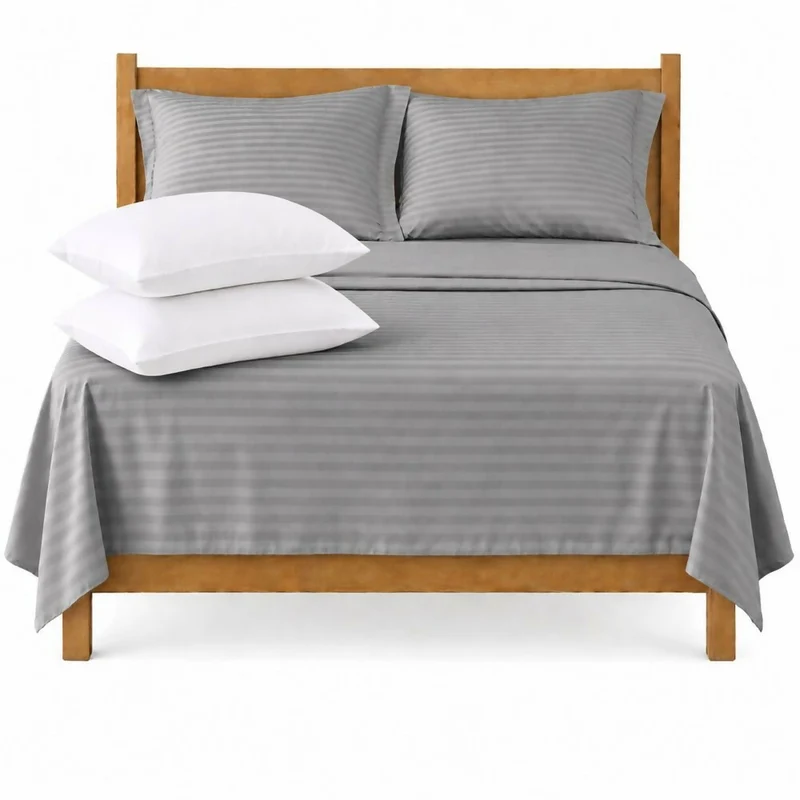 Combo Juego De Sábanas + 2 Almohadas Siliconadas Queen Gris