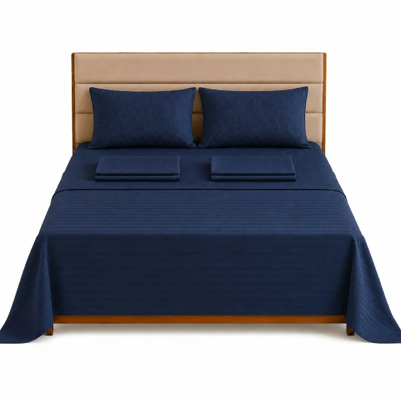 Combo Protector Colchon + Juego De Sábanas Doble Azul