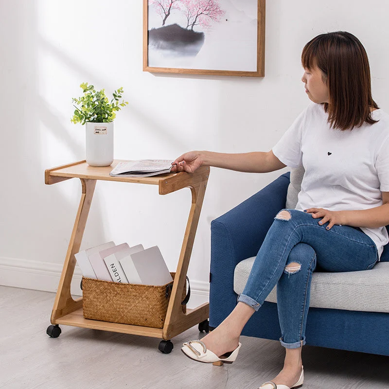 Traditional Vintage Z-Shaped Wood Removable End Table 2-Tier Universal Wheel For Living Room