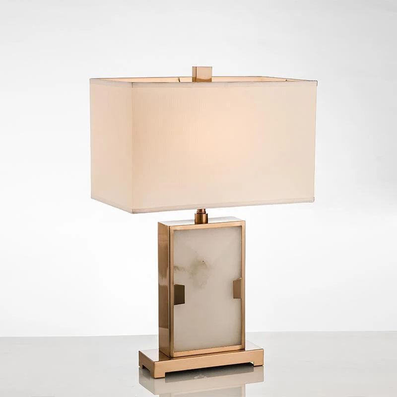 Traditional Chinese Rectangle Hardware Marble Fabric 1-Light Table Lamp For Bedroom