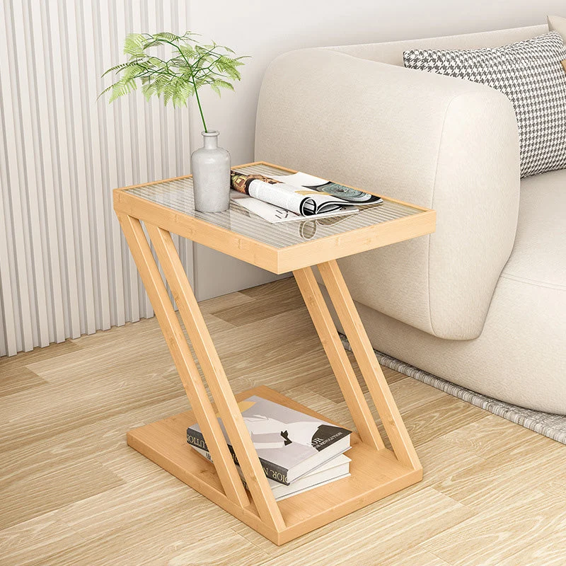 Modern Minimalist Rectangular Z-Shape Glass Nan Bamboo Side Table For Living Room