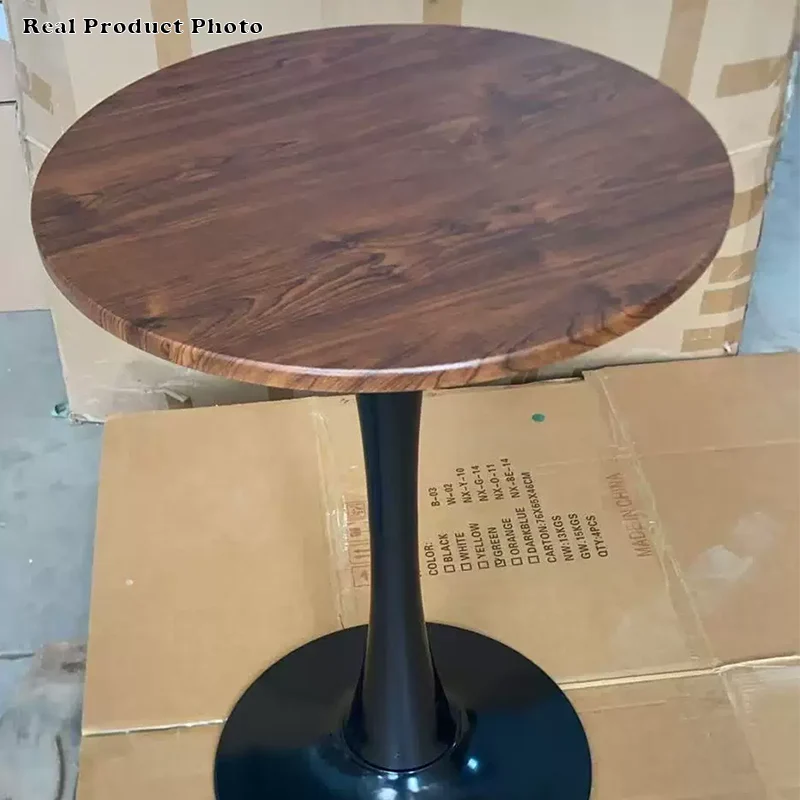 Modern Simplicity Round Imitation Wood Grain Carbon Steel Base End Table For Living Room