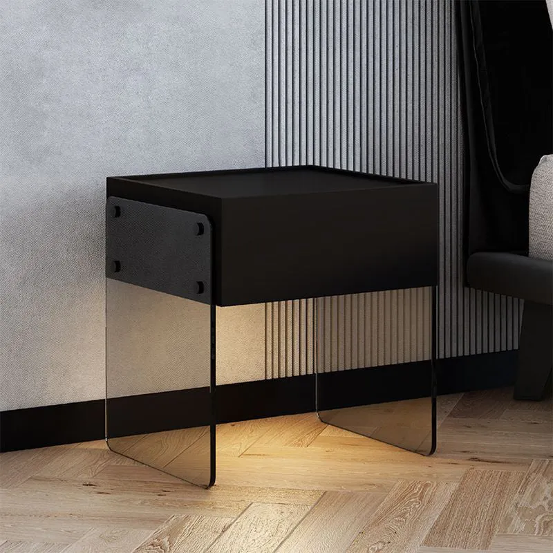 Modern Minimalist Rectangular Plywood Glass Nightstand 1-Drawer For Bedroom