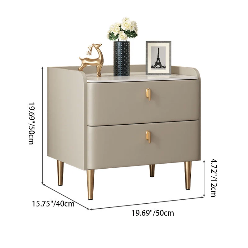 Modern Minimalist Square Microfiber Leather Solid Wood Rock Plate Alloy Carbon Steel Nightstand 2-Drawer For Bedroom