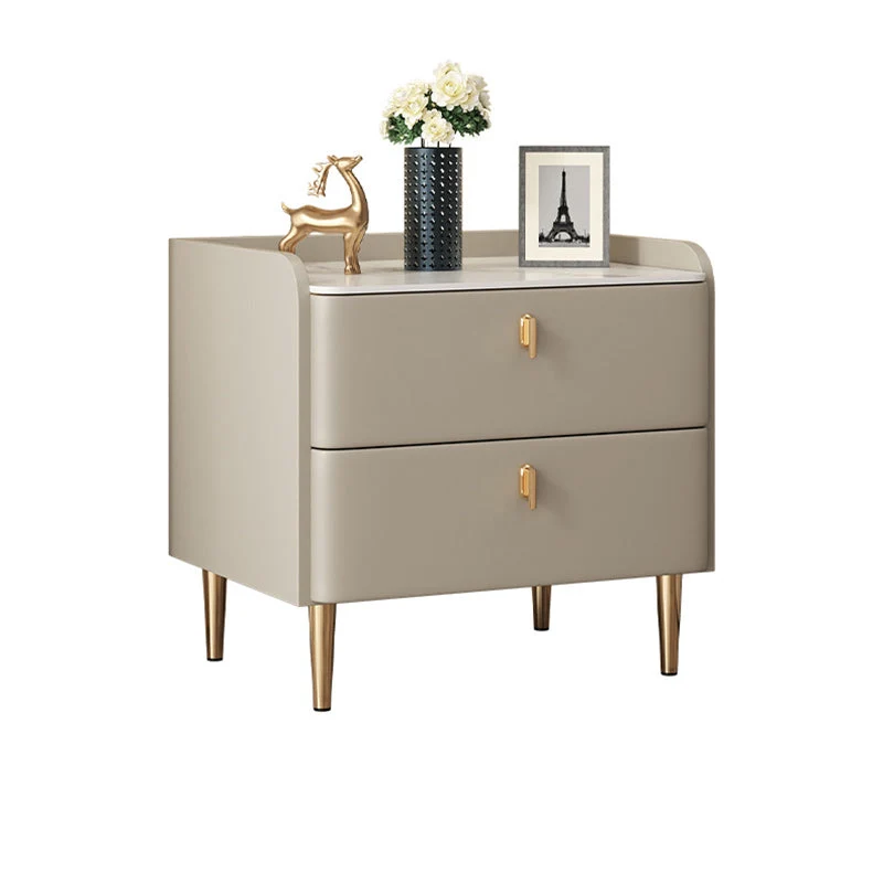 Modern Minimalist Square Microfiber Leather Solid Wood Rock Plate Alloy Carbon Steel Nightstand 2-Drawer For Bedroom