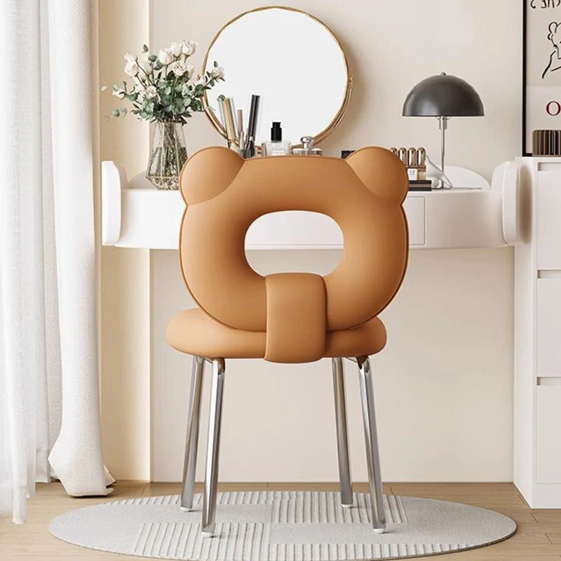Contemporary Scandinavian Faux Leather Upholstered Metal Legs Vanity Stool Bear Back For Living Room