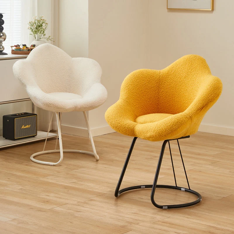 Contemporary Creative Petal Shape Sherpa Fabric Upholstered Arc Metal Legs Vanity Stool Backrest Armrest For Bedroom