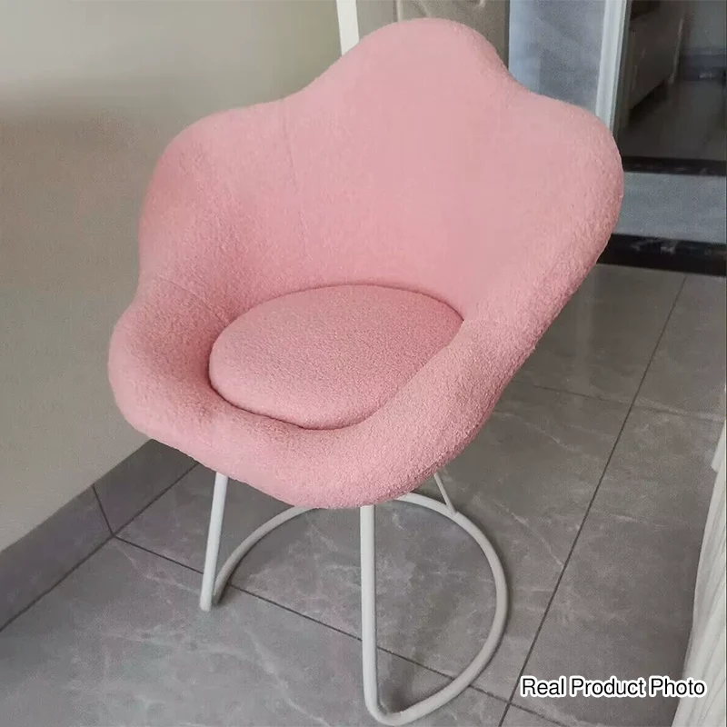 Contemporary Creative Petal Shape Sherpa Fabric Upholstered Arc Metal Legs Vanity Stool Backrest Armrest For Bedroom