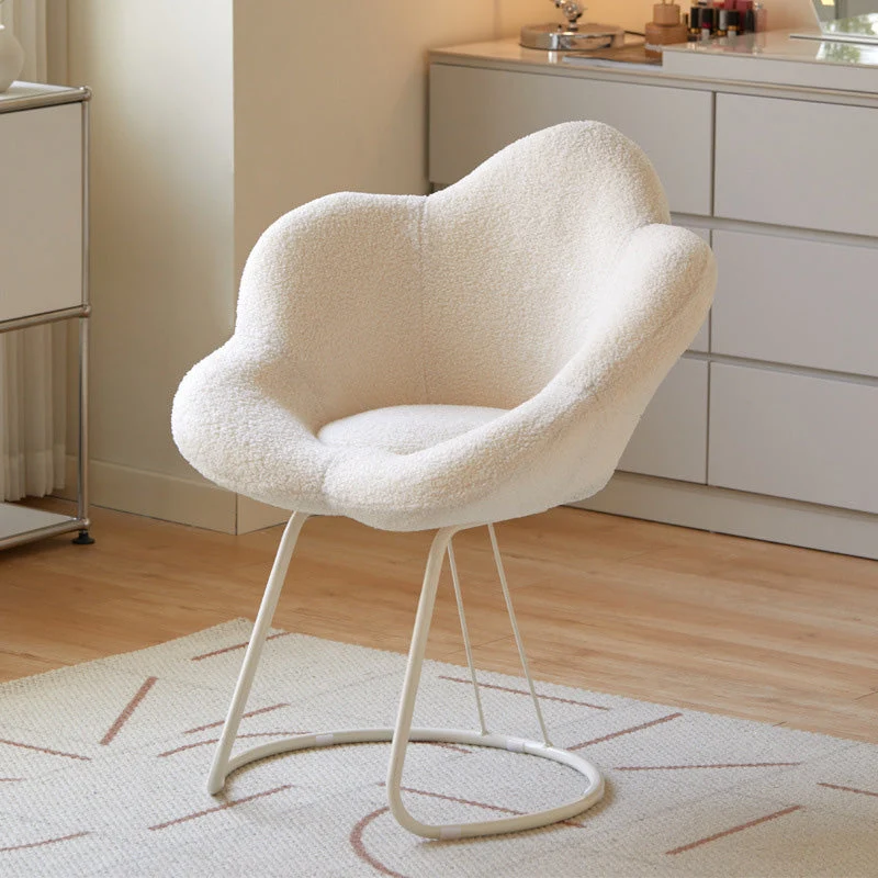 Contemporary Creative Petal Shape Sherpa Fabric Upholstered Arc Metal Legs Vanity Stool Backrest Armrest For Bedroom