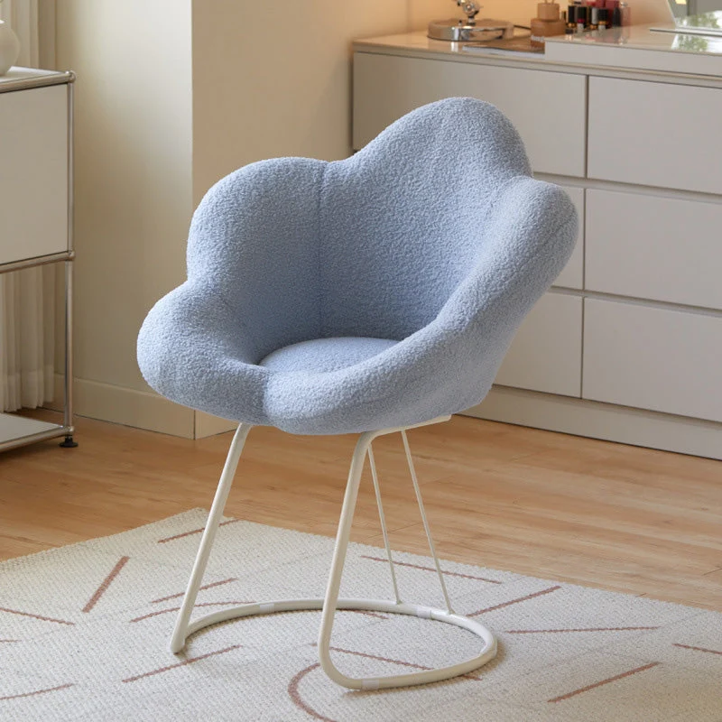 Contemporary Creative Petal Shape Sherpa Fabric Upholstered Arc Metal Legs Vanity Stool Backrest Armrest For Bedroom