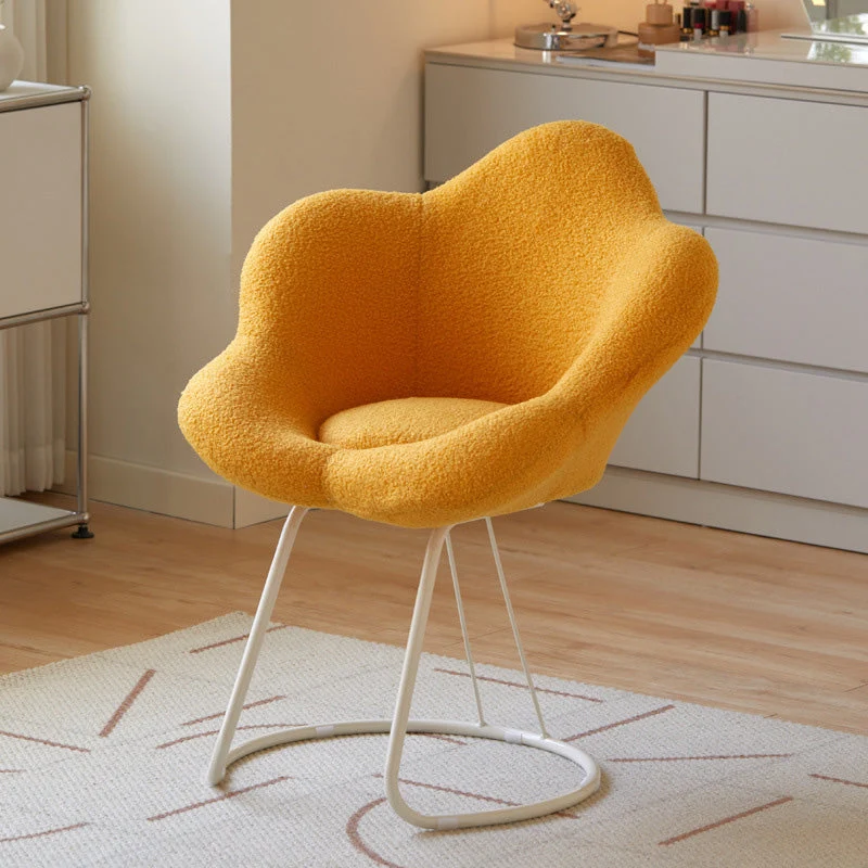 Contemporary Creative Petal Shape Sherpa Fabric Upholstered Arc Metal Legs Vanity Stool Backrest Armrest For Bedroom
