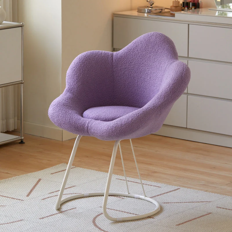 Contemporary Creative Petal Shape Sherpa Fabric Upholstered Arc Metal Legs Vanity Stool Backrest Armrest For Bedroom