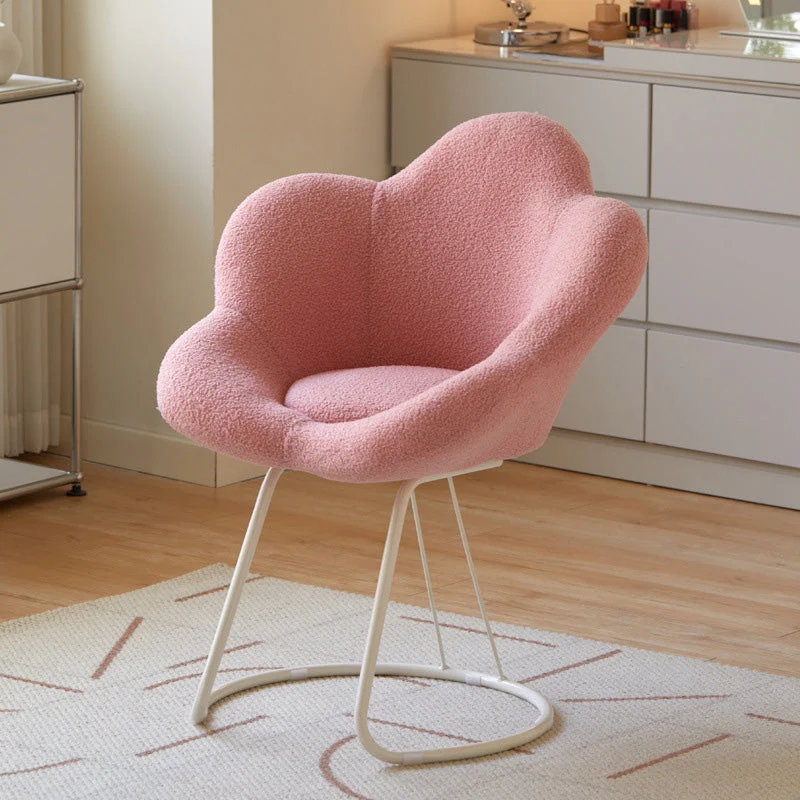 Contemporary Creative Petal Shape Sherpa Fabric Upholstered Arc Metal Legs Vanity Stool Backrest Armrest For Bedroom