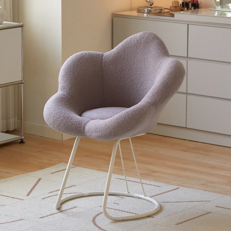 Contemporary Creative Petal Shape Sherpa Fabric Upholstered Arc Metal Legs Vanity Stool Backrest Armrest For Bedroom