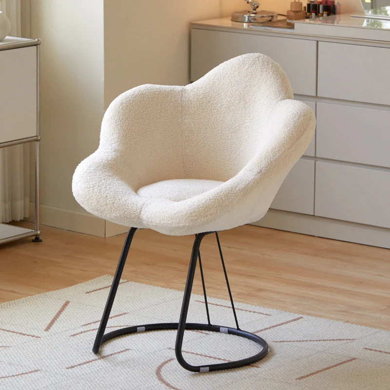 Contemporary Creative Petal Shape Sherpa Fabric Upholstered Arc Metal Legs Vanity Stool Backrest Armrest For Bedroom
