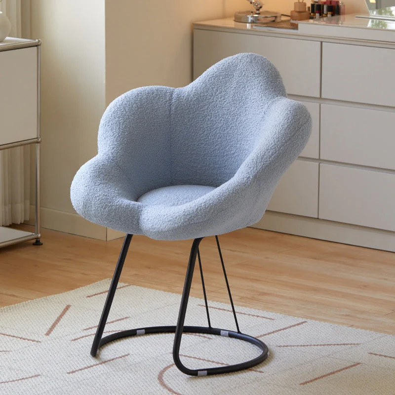 Contemporary Creative Petal Shape Sherpa Fabric Upholstered Arc Metal Legs Vanity Stool Backrest Armrest For Bedroom