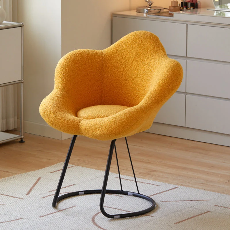 Contemporary Creative Petal Shape Sherpa Fabric Upholstered Arc Metal Legs Vanity Stool Backrest Armrest For Bedroom
