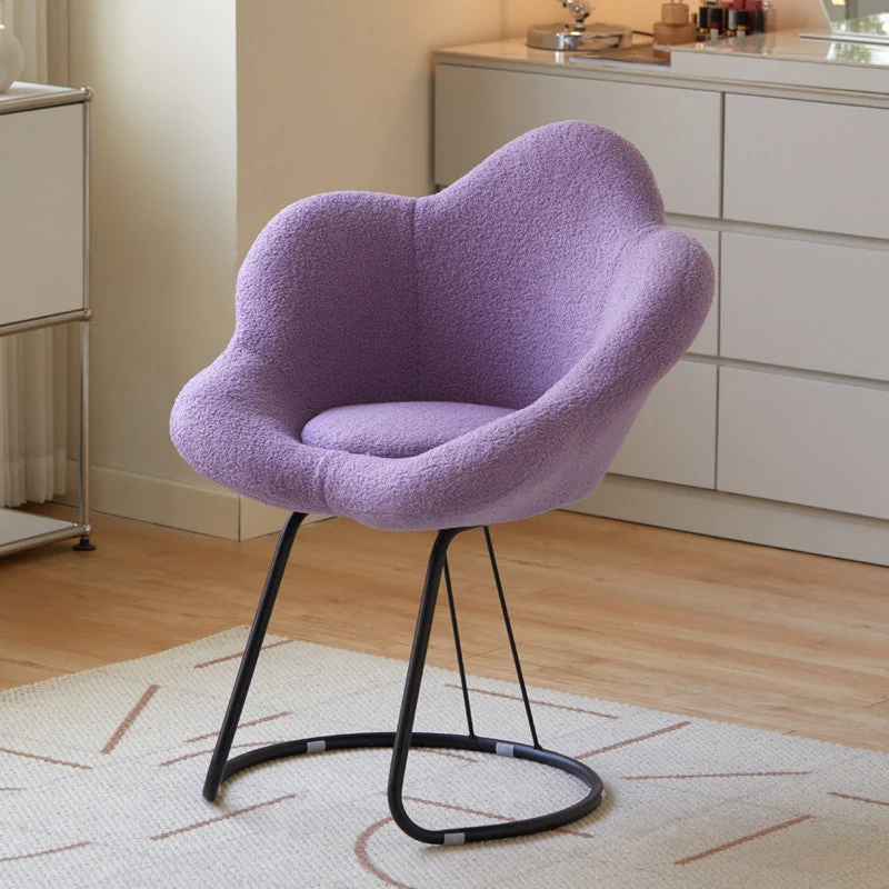 Contemporary Creative Petal Shape Sherpa Fabric Upholstered Arc Metal Legs Vanity Stool Backrest Armrest For Bedroom
