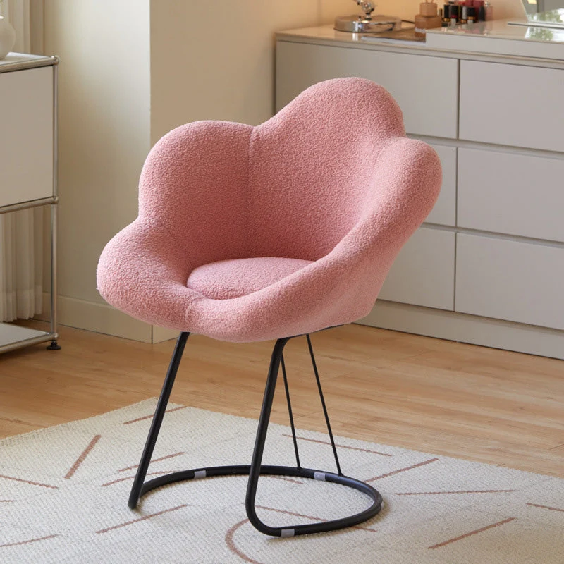 Contemporary Creative Petal Shape Sherpa Fabric Upholstered Arc Metal Legs Vanity Stool Backrest Armrest For Bedroom