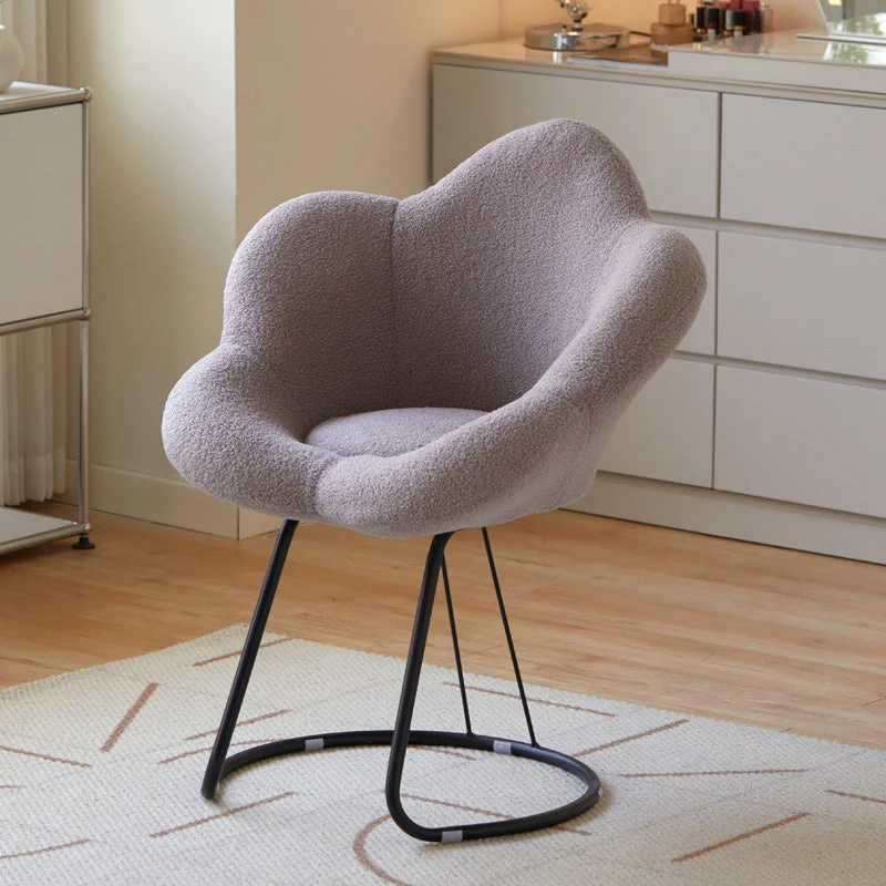 Contemporary Creative Petal Shape Sherpa Fabric Upholstered Arc Metal Legs Vanity Stool Backrest Armrest For Bedroom