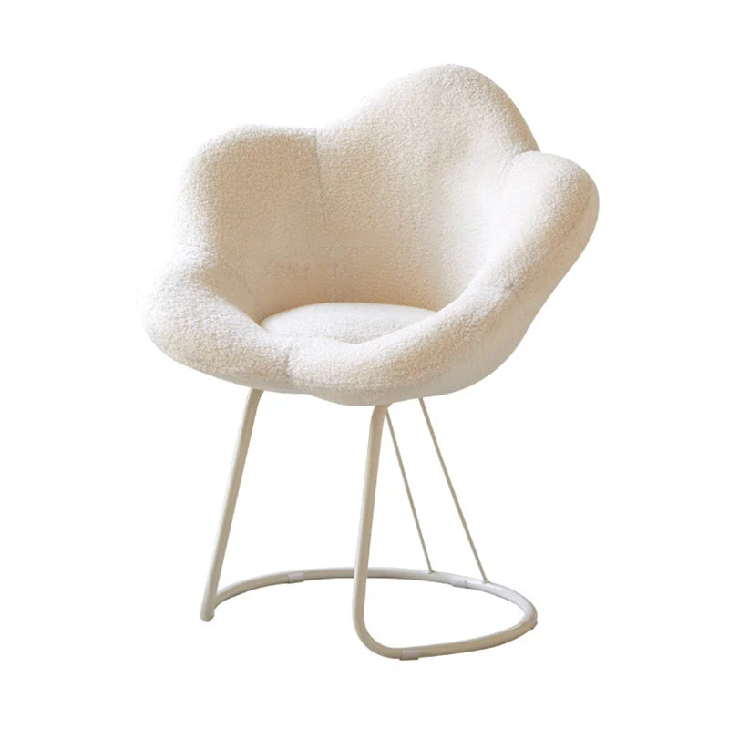 Contemporary Creative Petal Shape Sherpa Fabric Upholstered Arc Metal Legs Vanity Stool Backrest Armrest For Bedroom