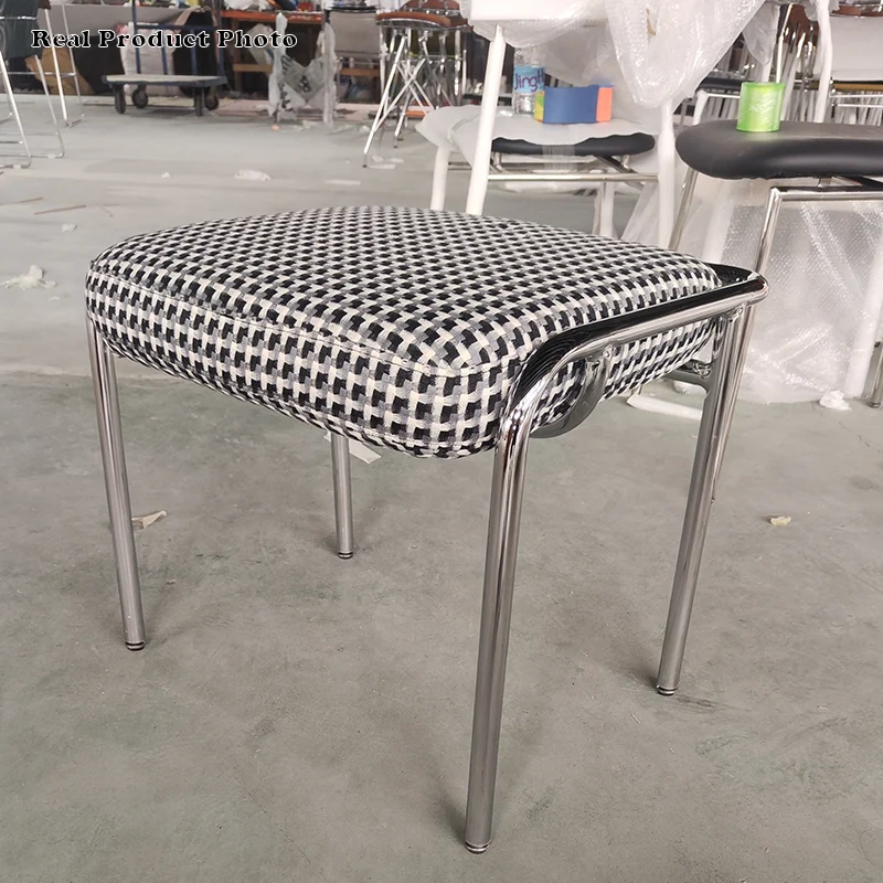 Contemporary Scandinavian Square Cotton Linen Upholstered Stainless Steel Frame Vanity Stool Backless For Bedroom