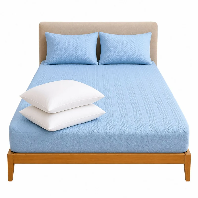 Combo Protector Colchon + 1 Almohada Siliconada Sencillo Celeste