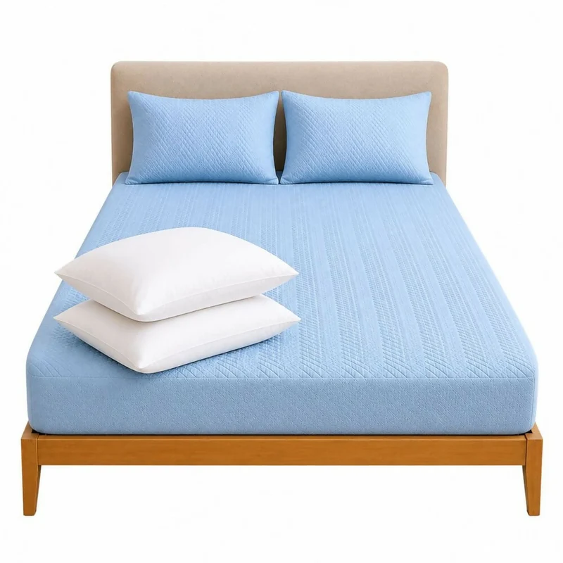 Combo Protector Colchon + 2 Almohadas Siliconadas Semidoble Celeste