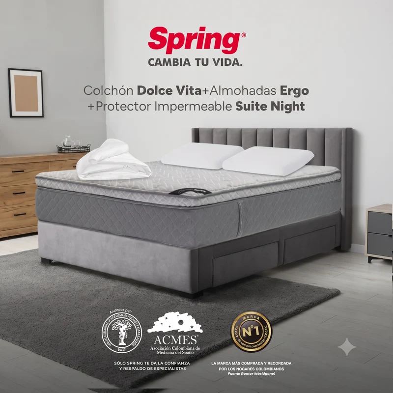 Colchón Spring Dolce Vita King 200X200 Cm + Set Almohadas Siliconadas + Protector
