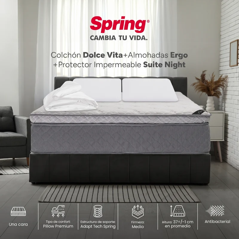 Colchón Spring Dolce Vita Doble 140X190 Cm + Set Almohadas Siliconadas + Protector