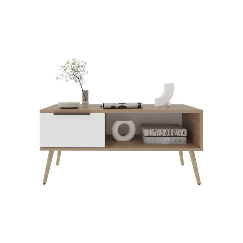 Mesa de Centro Wenden, Blanco, con un Cajón y Patas de Madera ZF