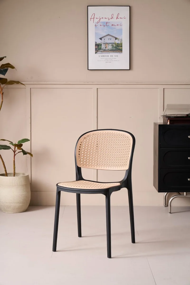 Silla Nest, Color Negro y Beige, con Espaldar y Asiento en Rejilla