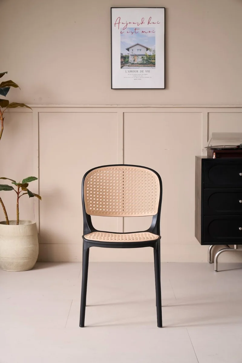 Silla Nest, Color Negro y Beige, con Espaldar y Asiento en Rejilla