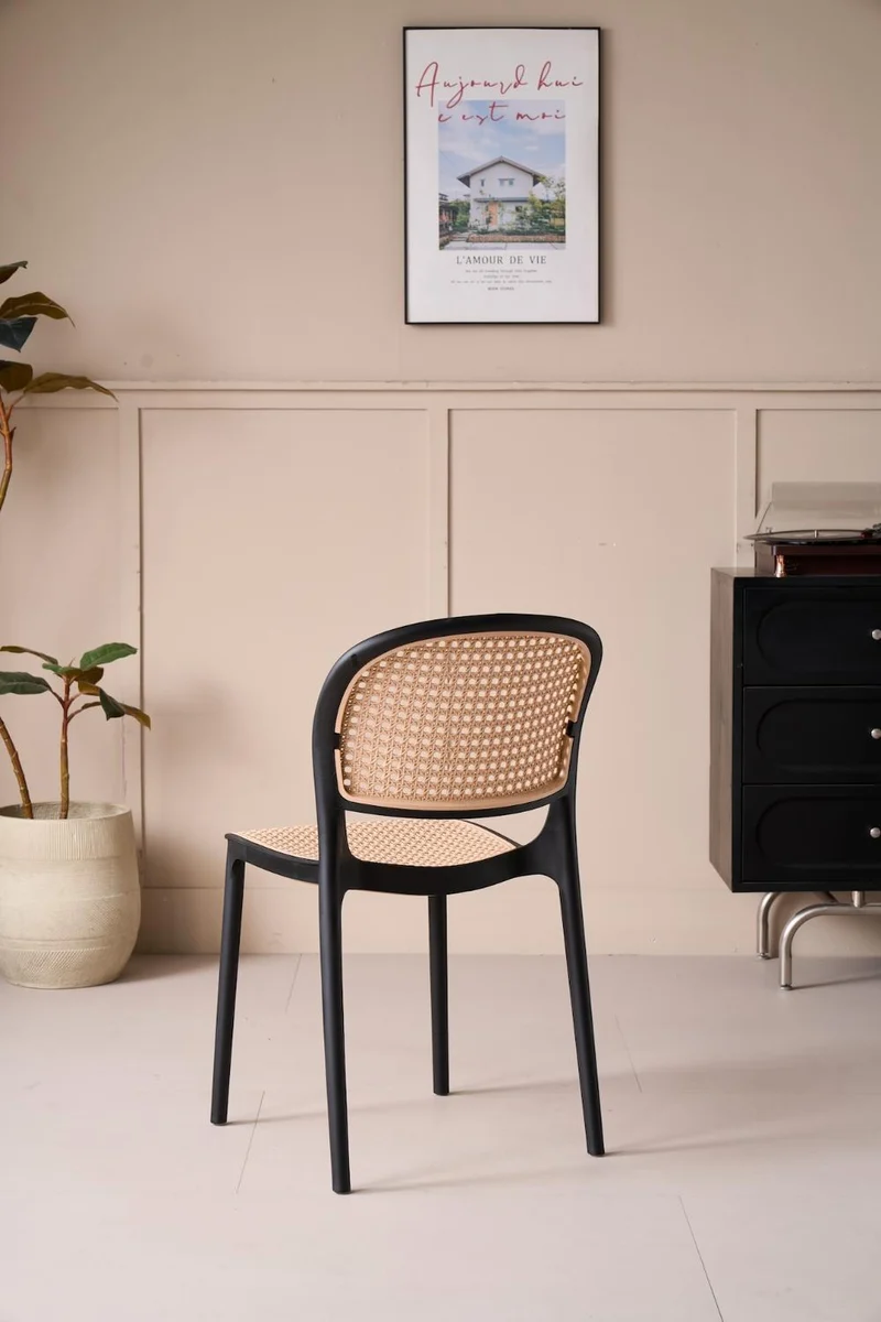 Silla Nest, Color Negro y Beige, con Espaldar y Asiento en Rejilla