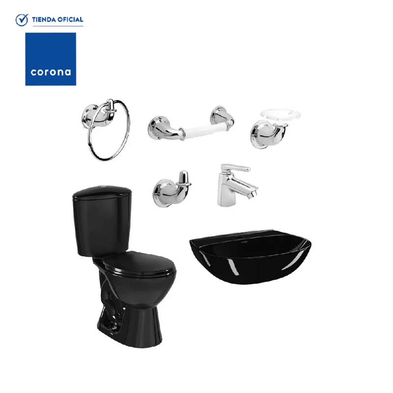 Combo Corona Sanitario Manantial Pro Redondo Botón sin Pedestal Negro