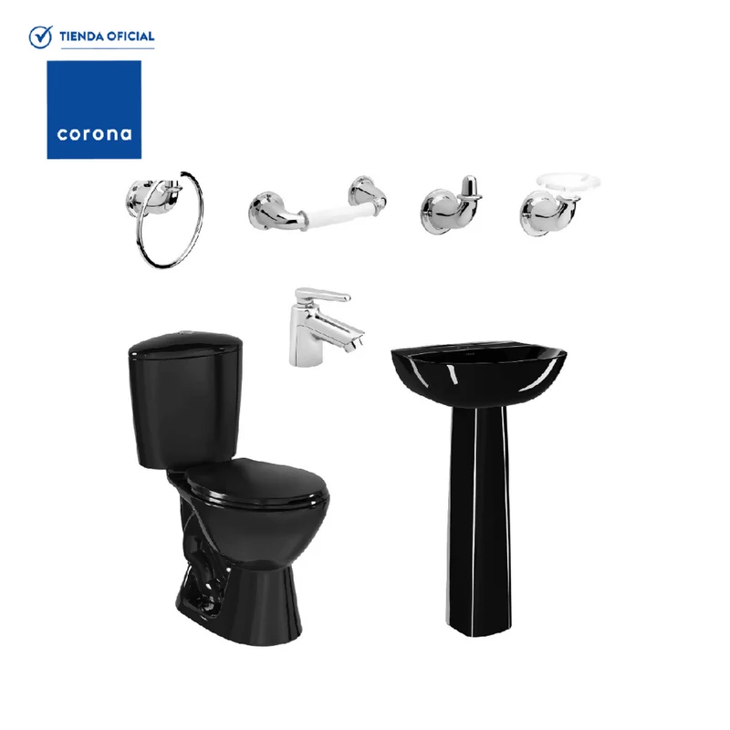 Combo Corona Sanitario Manantial Pro Redondo Botón con Pedestal Negro