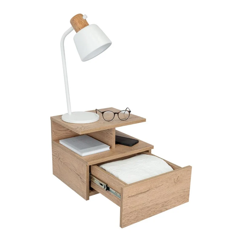 Mesa de Noche Flotante Nube, Macadamia, con un Cajón y División de Dos Entrepaños